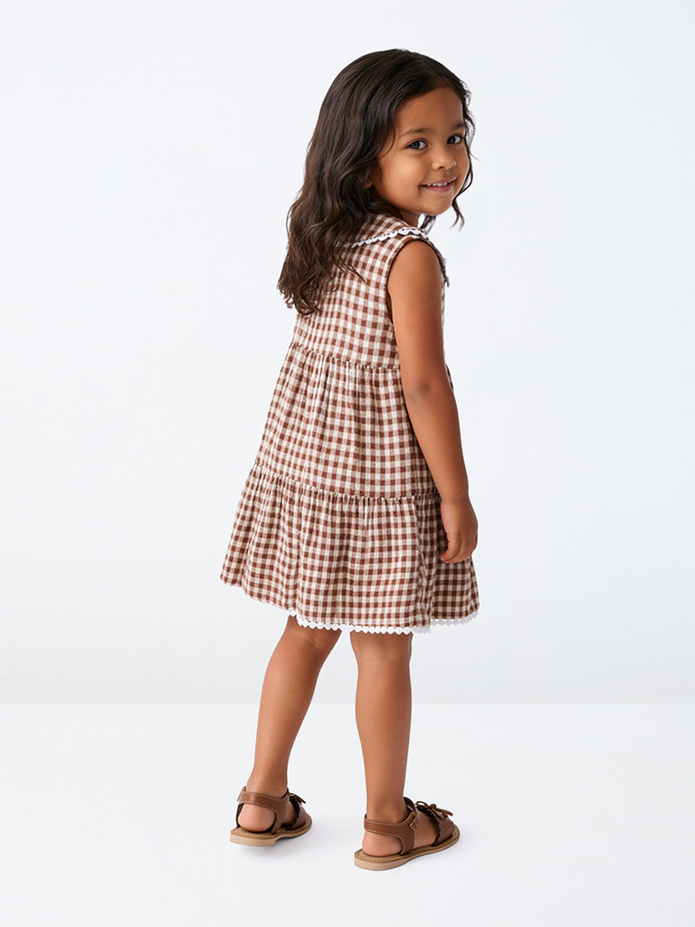 HOP Kids Girls Brown Gingham Checkered Cotton A-Line Dress