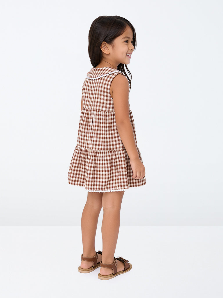 HOP Kids Girls Brown Gingham Checkered Cotton A-Line Dress