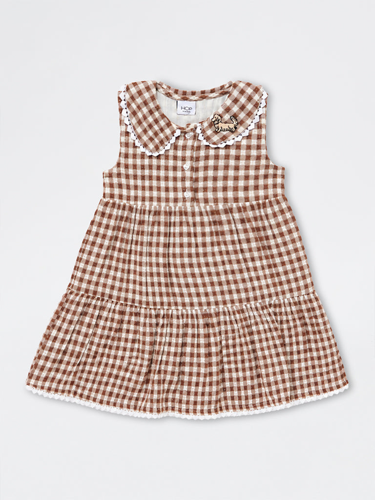 HOP Kids Girls Brown Gingham Checkered Cotton A-Line Dress