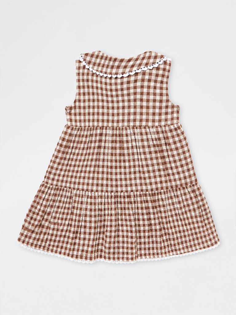HOP Kids Girls Brown Gingham Checkered Cotton A-Line Dress