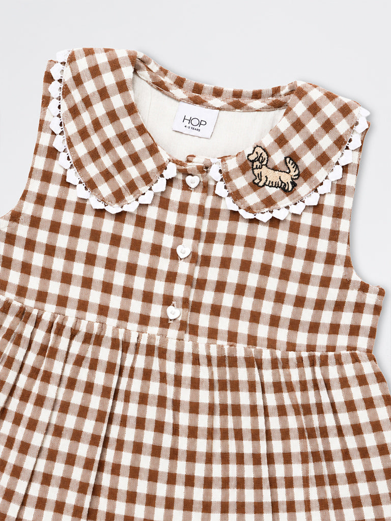 HOP Kids Girls Brown Gingham Checkered Cotton A-Line Dress