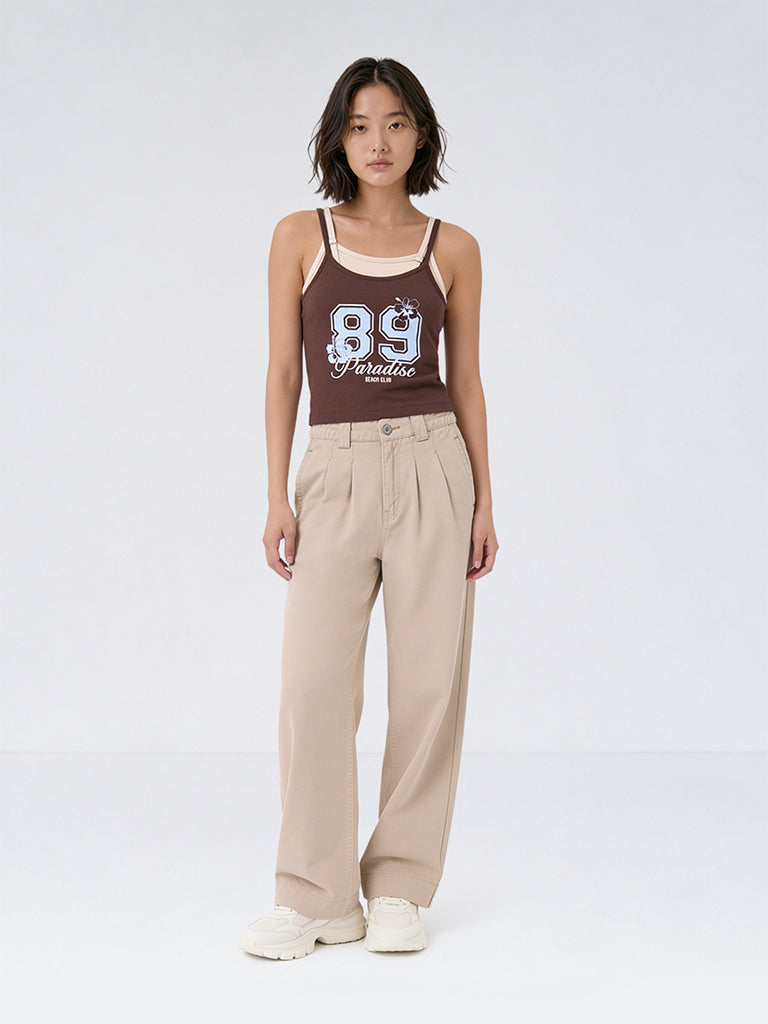 Girls Brown Numerical Printed Cotton-Blend Top