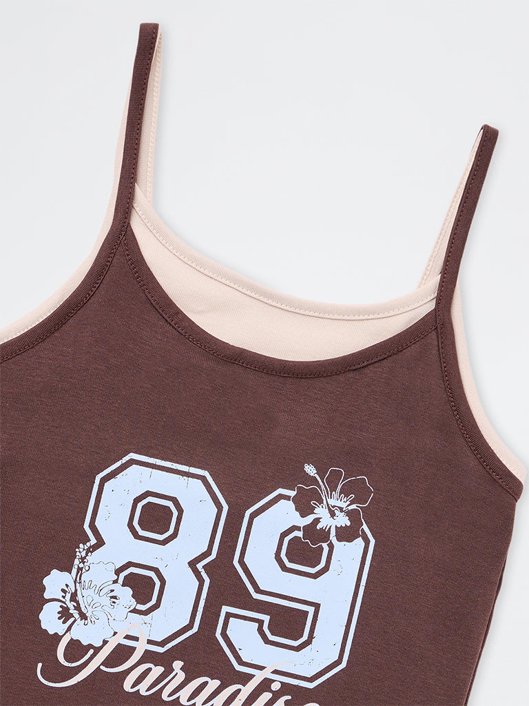 Girls Brown Numerical Printed Cotton-Blend Top