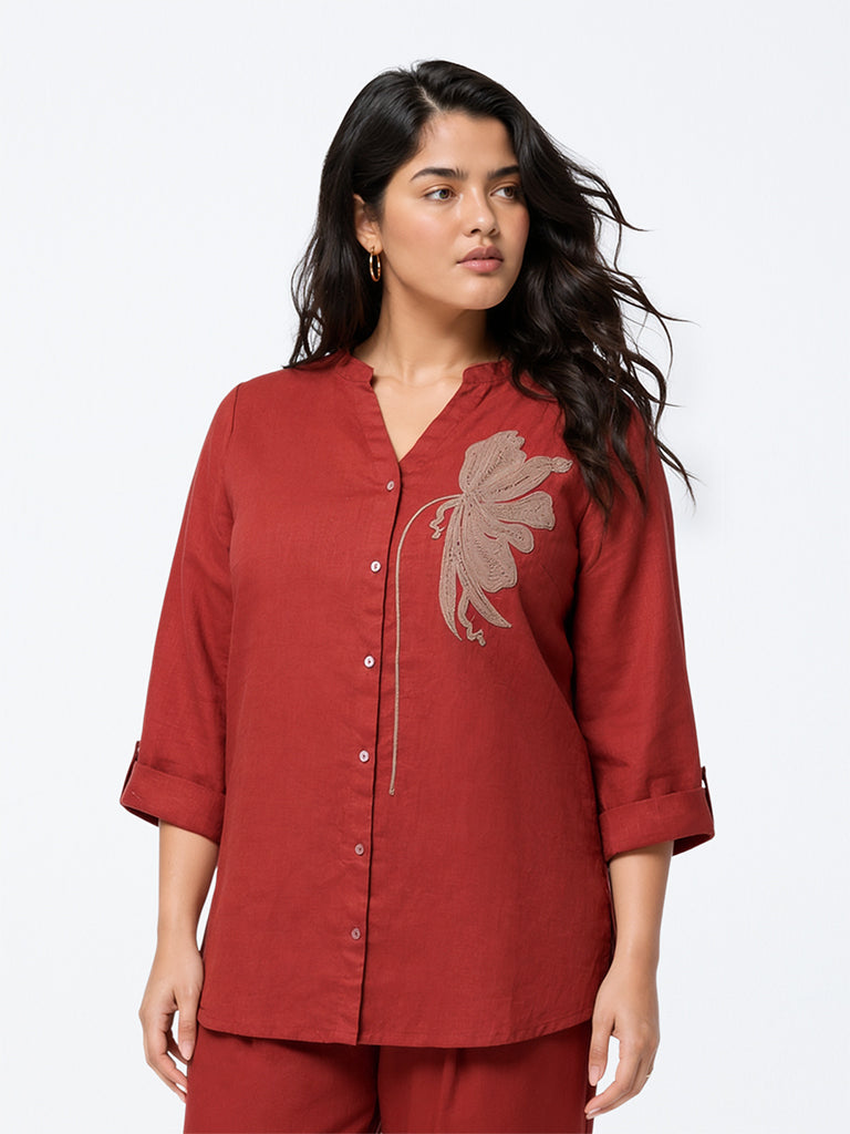 Diza Rust Floral Embroidered Linen Tunic