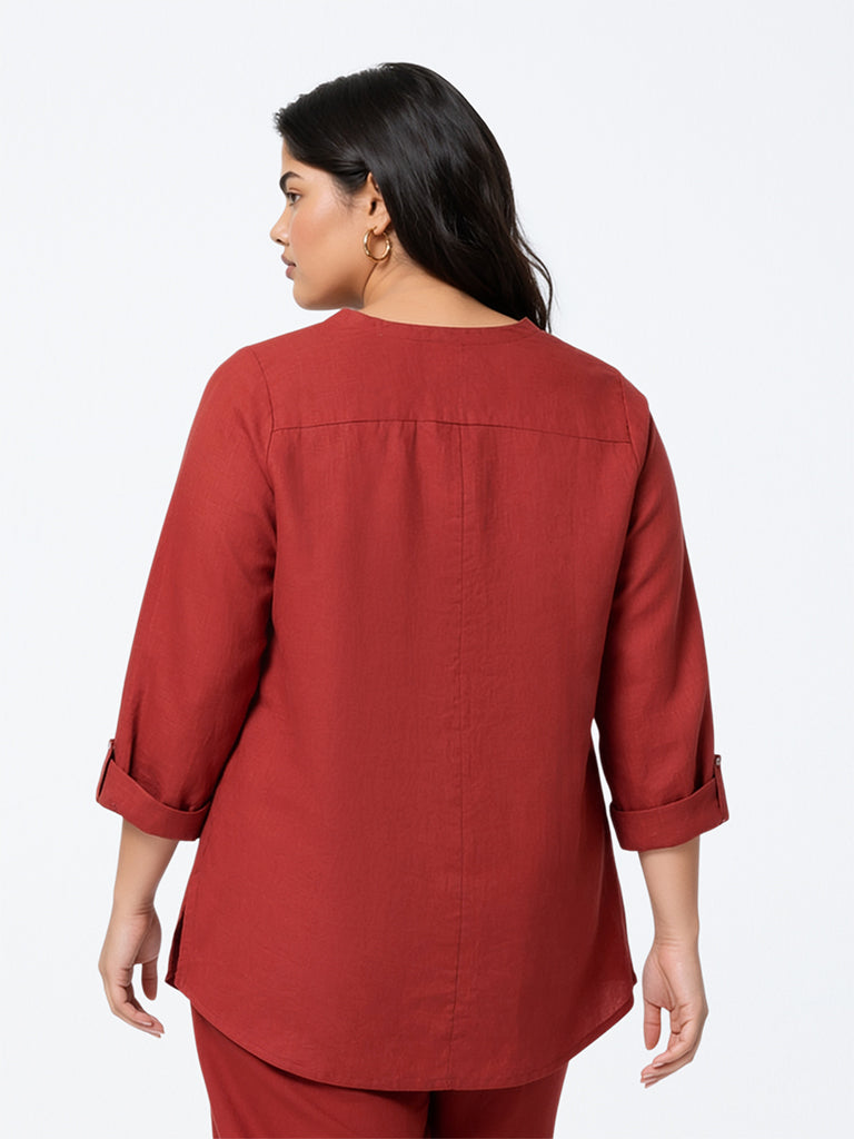Diza Rust Floral Embroidered Linen Tunic
