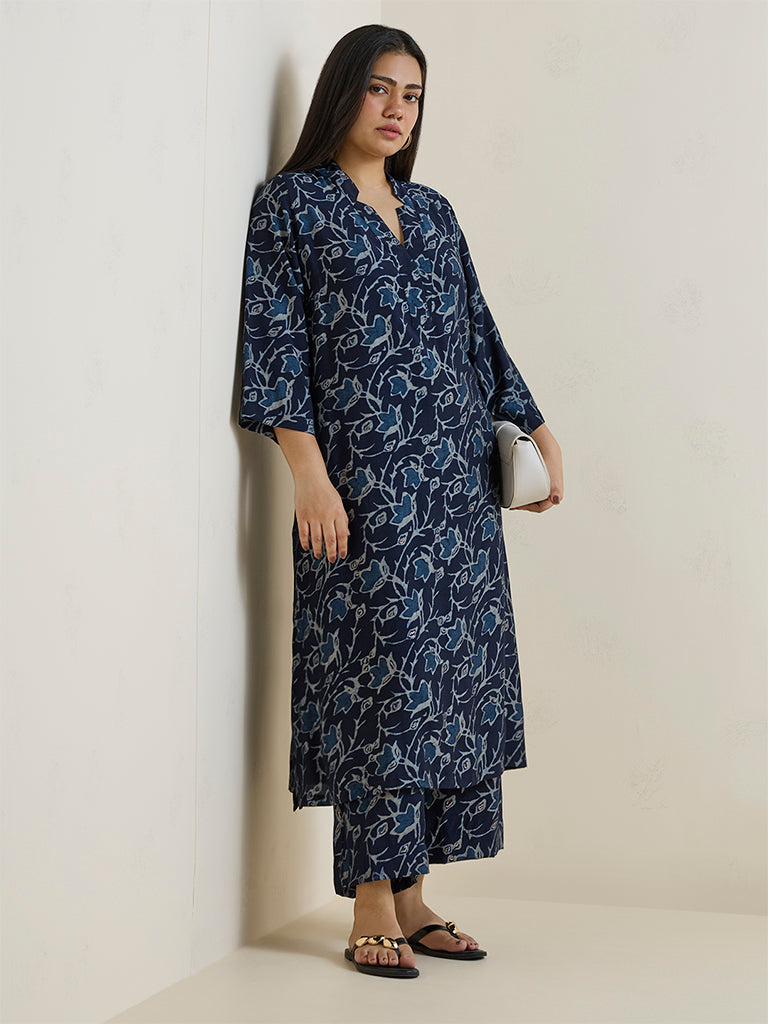 Diza Navy Floral Pattern A-Line Kurta