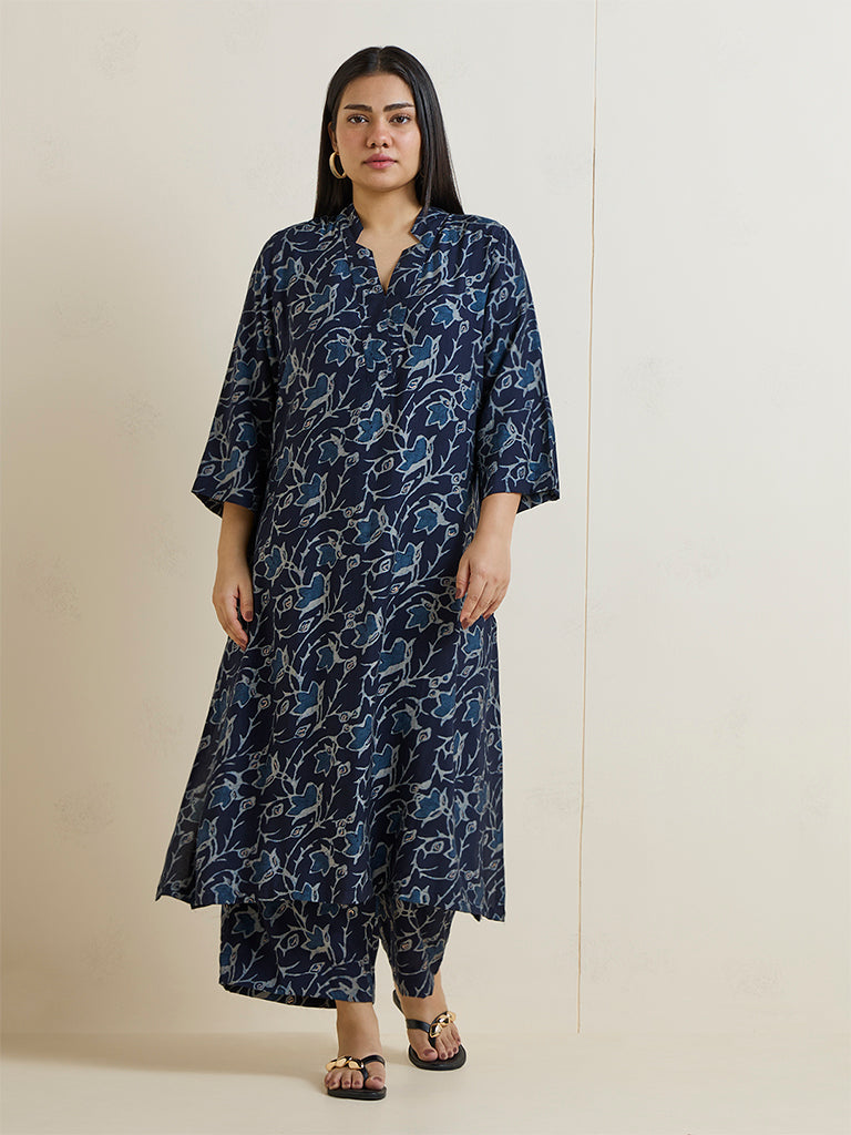Diza Navy Floral Pattern A-Line Kurta