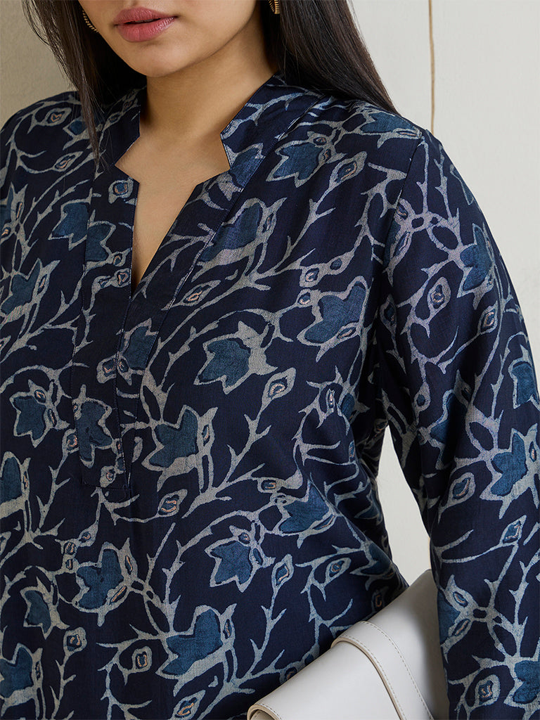 Diza Navy Floral Pattern A-Line Kurta