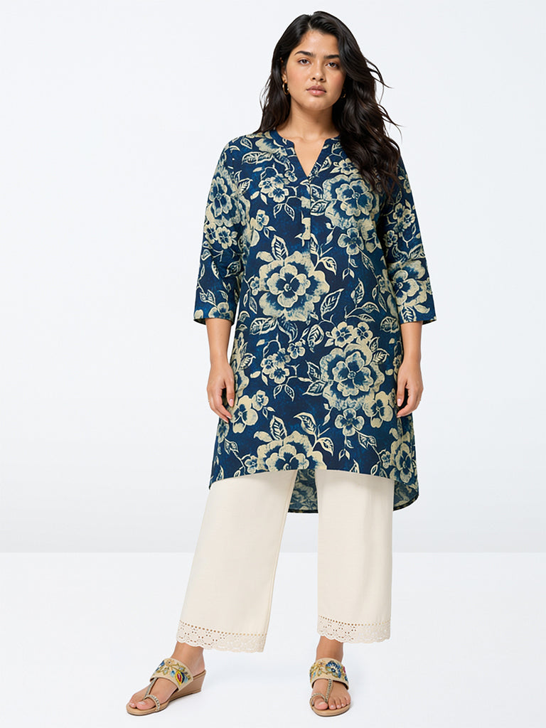 Diza Dark Blue Floral Printed Straight Kurta