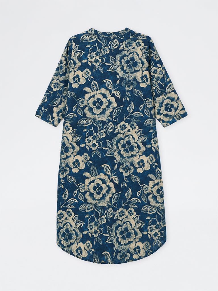 Diza Dark Blue Floral Printed Straight Kurta