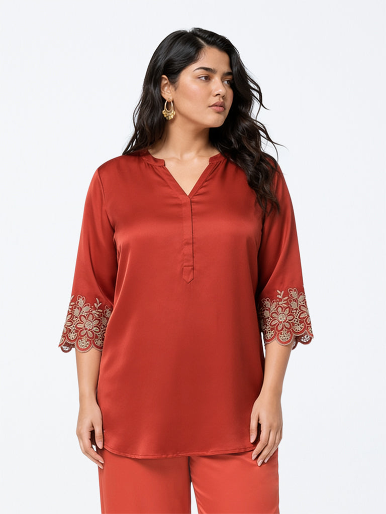 Diza Rust Floral Embroidered Tunic