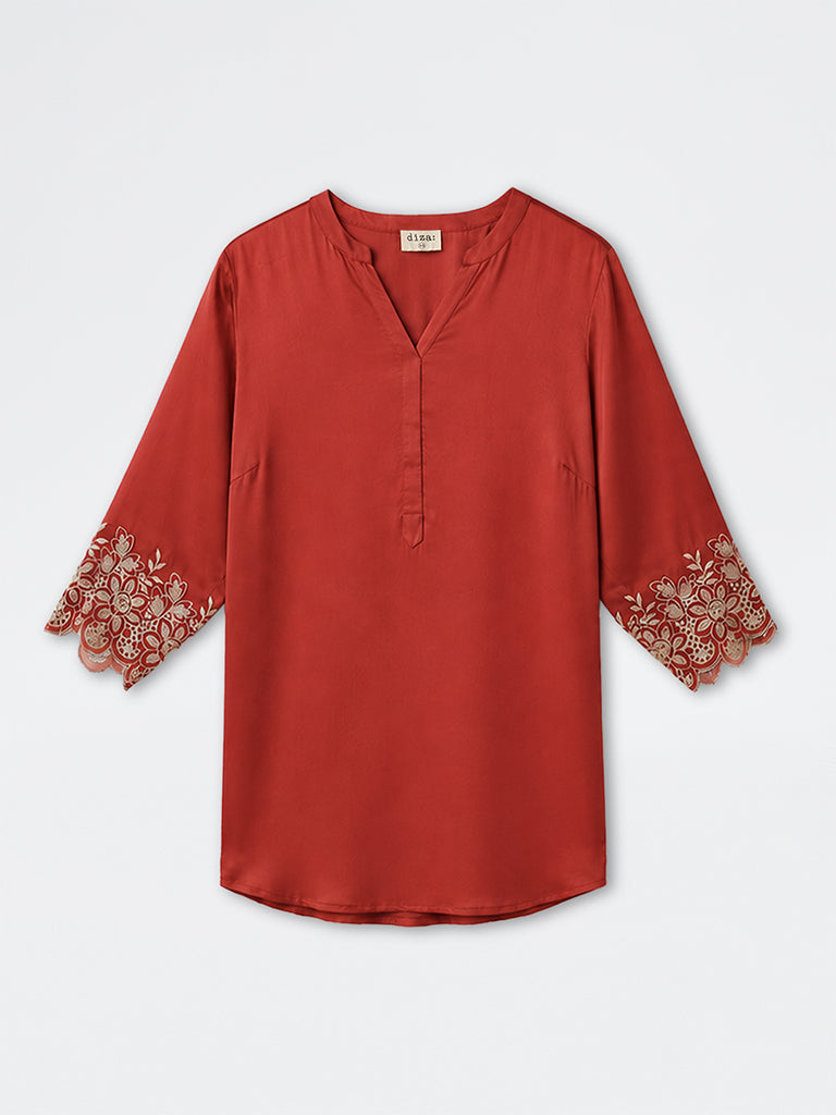 Diza Rust Floral Embroidered Tunic