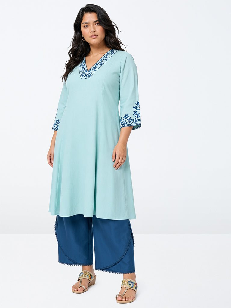 Diza Aqua Floral Embroidered A-Line Kurta