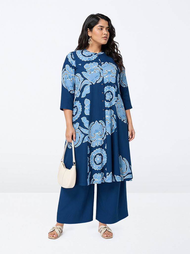 Diza Indigo Floral Printed Straight Kurta
