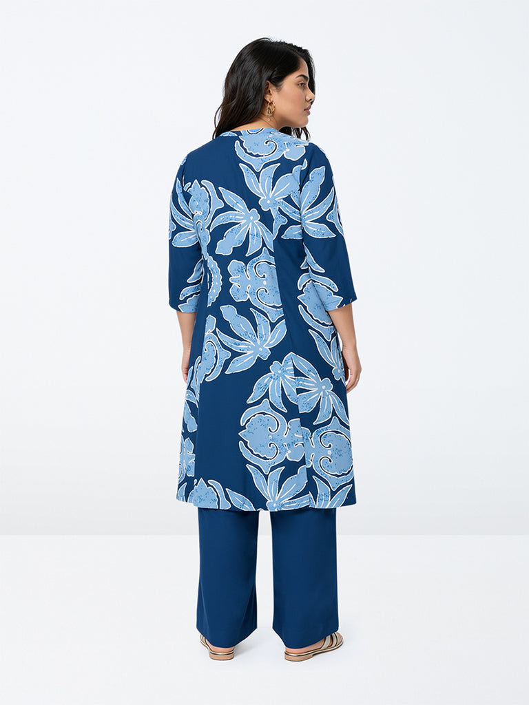 Diza Indigo Floral Printed Straight Kurta