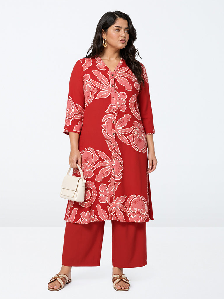 Diza Red Floral Printed A-Line Kurta