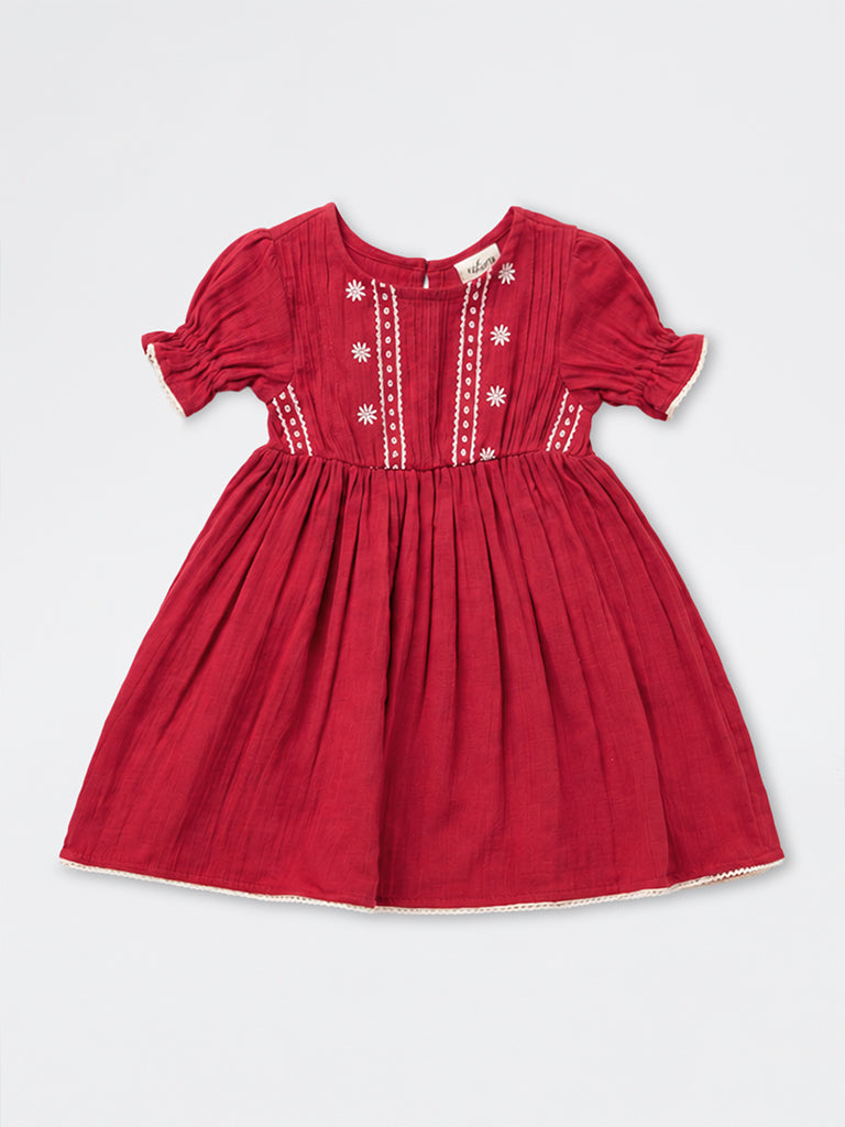 Utsa Kids Girls Red Floral Embroidered A-Line Cotton Dress - (2-8 yrs)