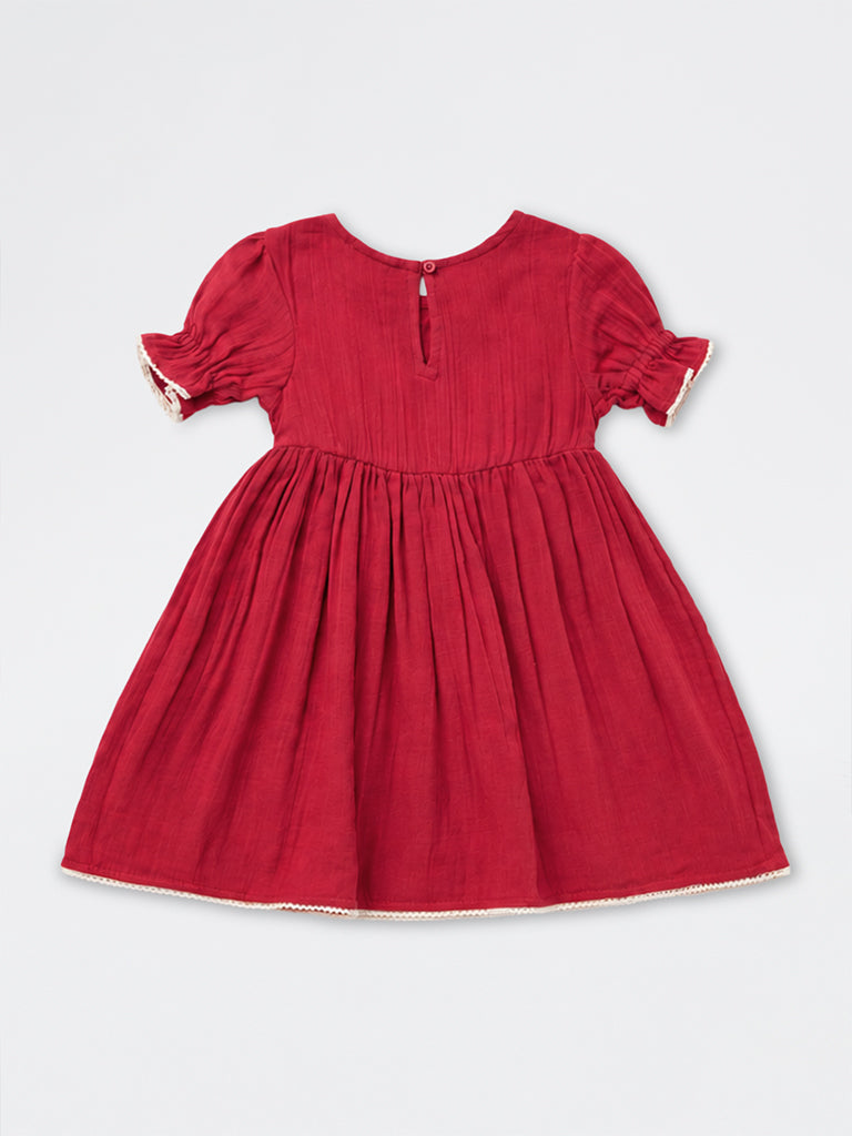 Utsa Kids Girls Red Floral Embroidered A-Line Cotton Dress - (2-8 yrs)