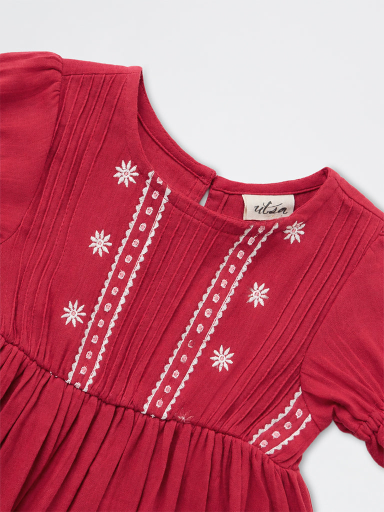 Utsa Kids Girls Red Floral Embroidered A-Line Cotton Dress - (2-8 yrs)