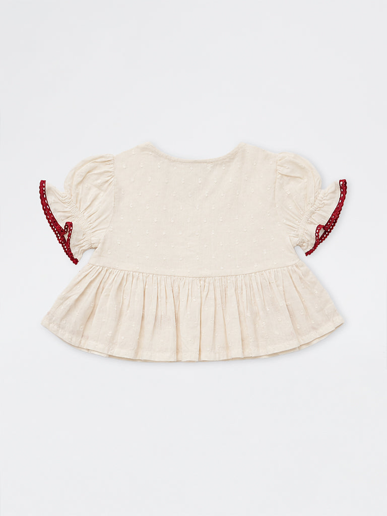 Utsa Kids Girls Off-White Embroidered Peplum Cotton Top - (2-8 yrs)