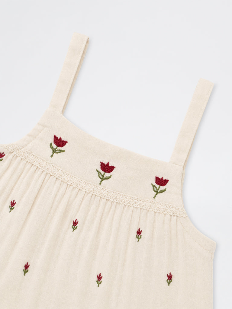Utsa Kids Girls Off-White Floral Embroidered Cotton Top - (2-8 yrs)
