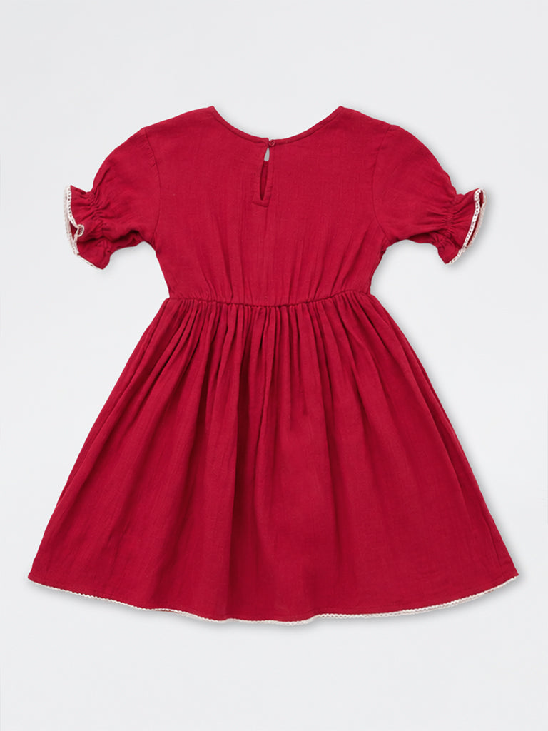 Utsa Kids Girls Red Floral Embroidered A-Line Cotton Dress (8-14 yrs)