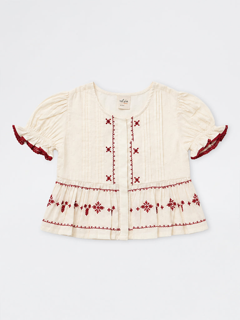 Utsa Kids Girls Off-White Embroidered Peplum Cotton Top - (8-14 yrs)