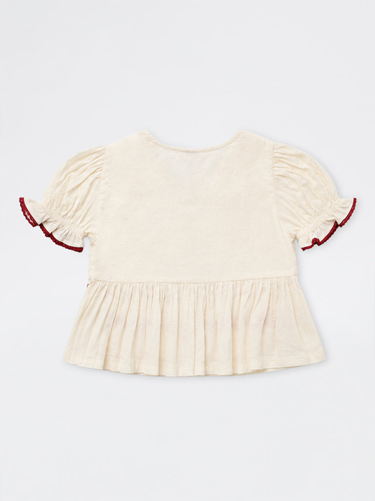 Utsa Kids Girls Off-White Embroidered Peplum Cotton Top - (8-14 yrs)