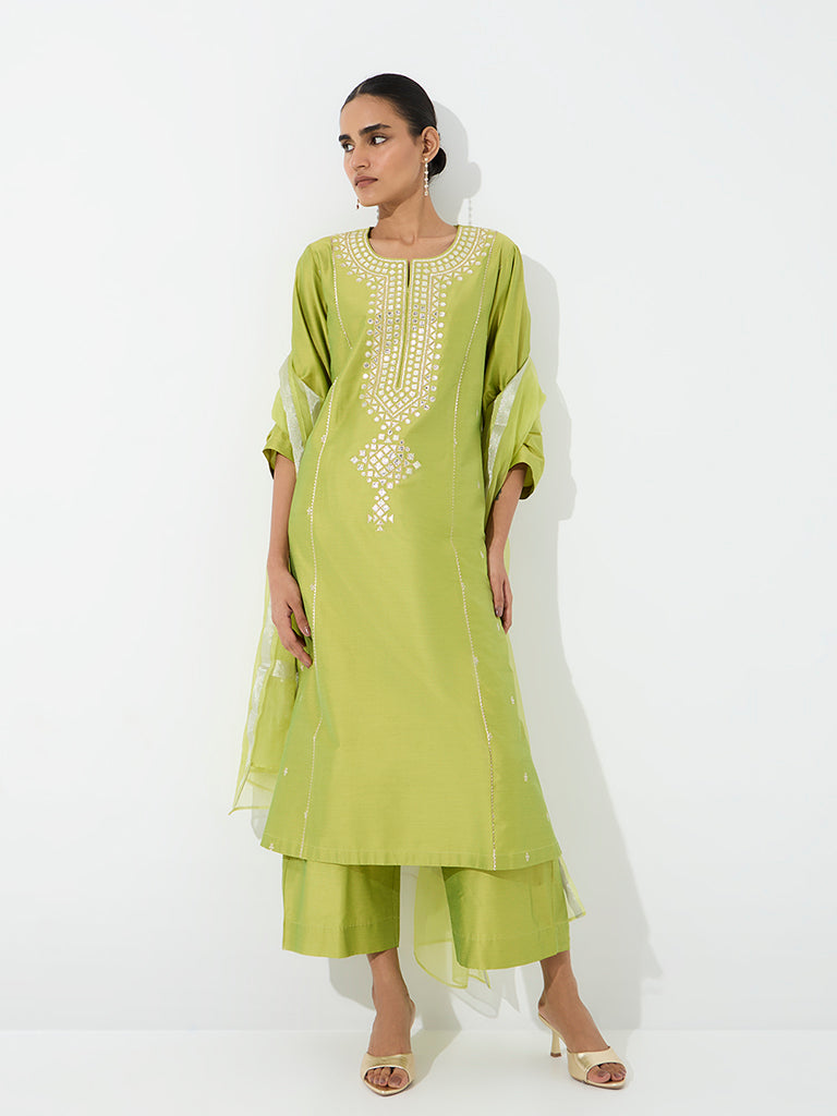 Vark Lime Mirror Embroidered A-Line Ethnic Set