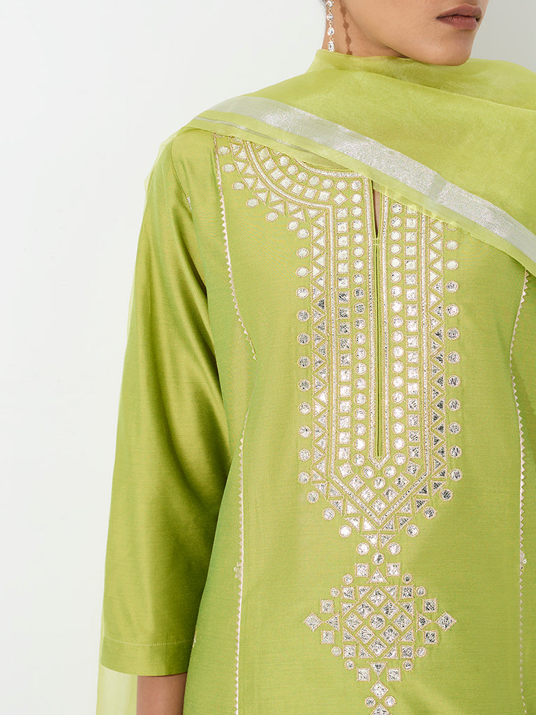Vark Lime Mirror Embroidered A-Line Ethnic Set