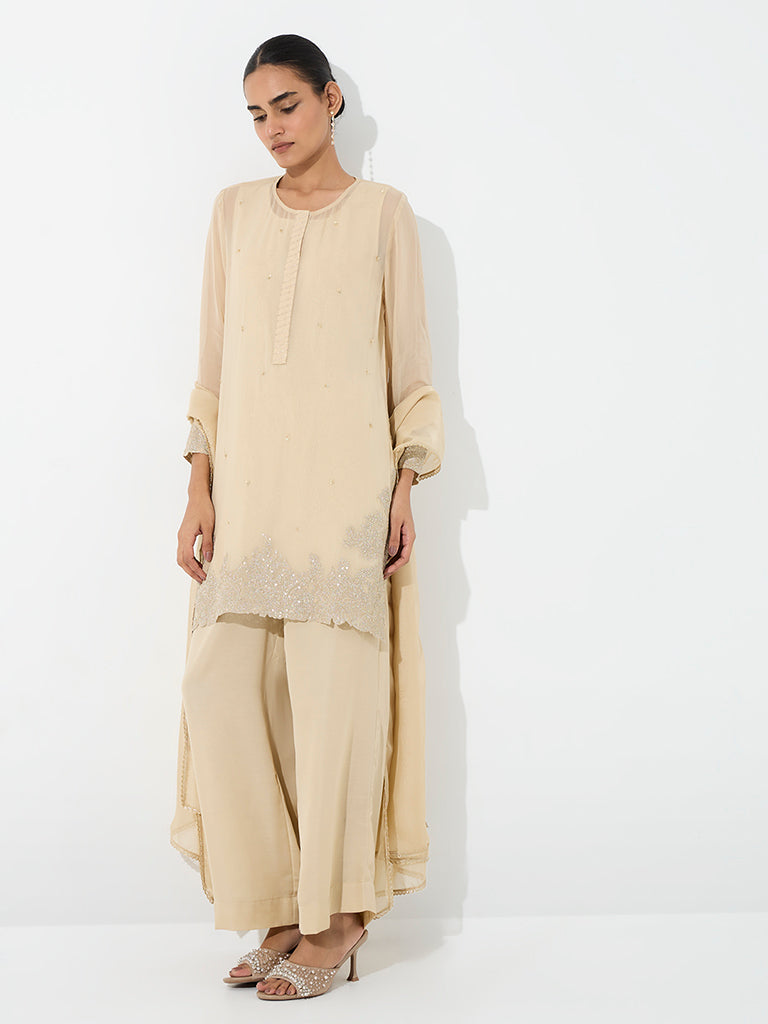Vark Beige Embellished Straight Ethnic Set