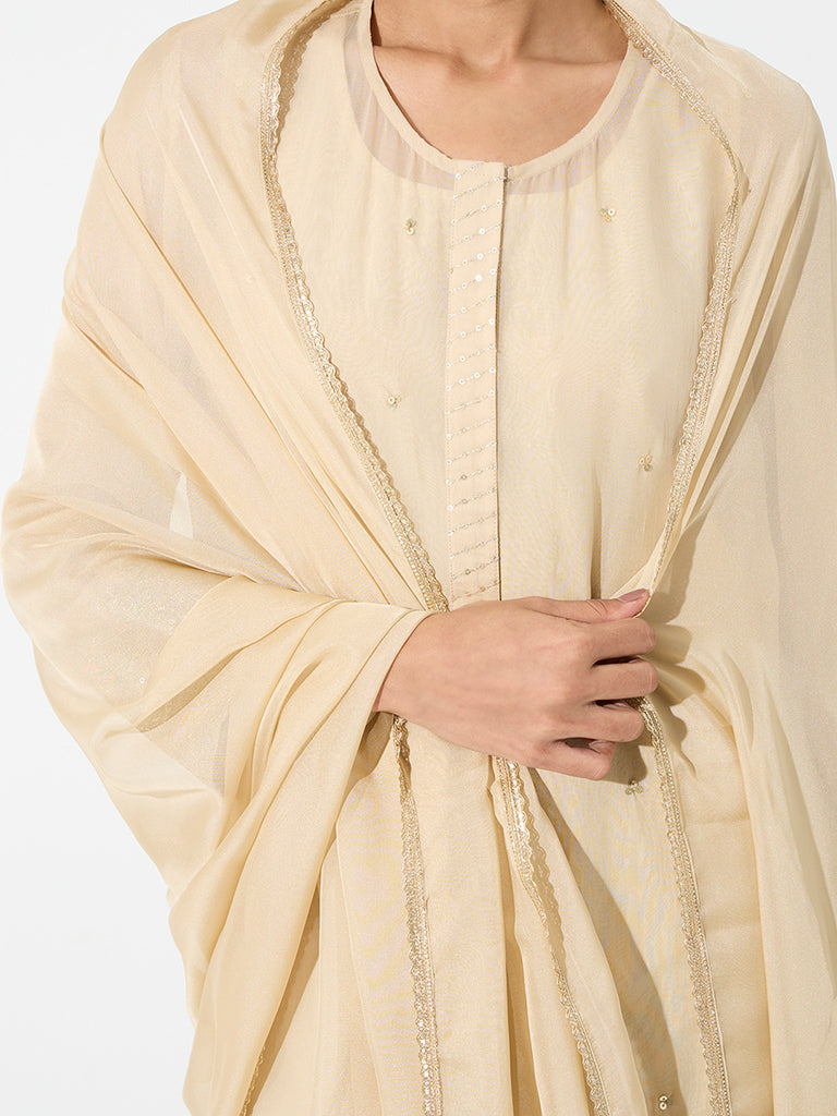 Vark Beige Embellished Straight Ethnic Set