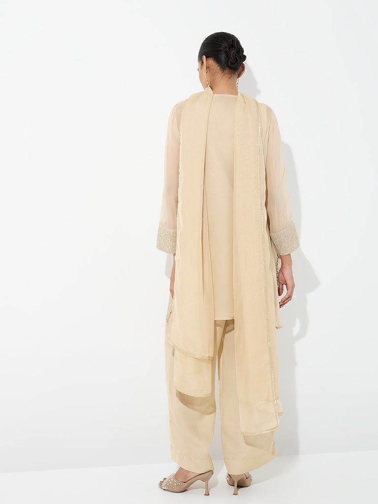 Vark Beige Embellished Straight Ethnic Set