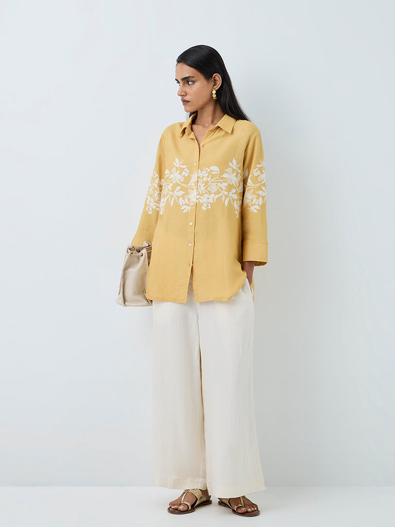Zuba Off-White Solid Linen-Blend Palazzos