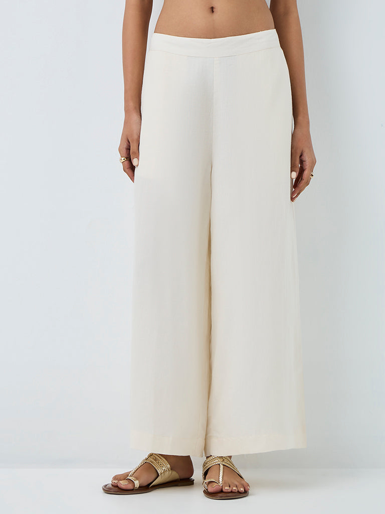Zuba Off-White Solid Linen-Blend Palazzos