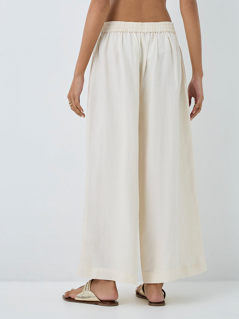 Zuba Off-White Solid Linen-Blend Palazzos