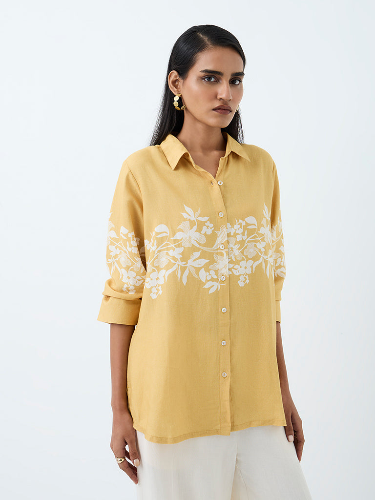 Zuba Yellow Floral Printed Linen-Blend Tunic