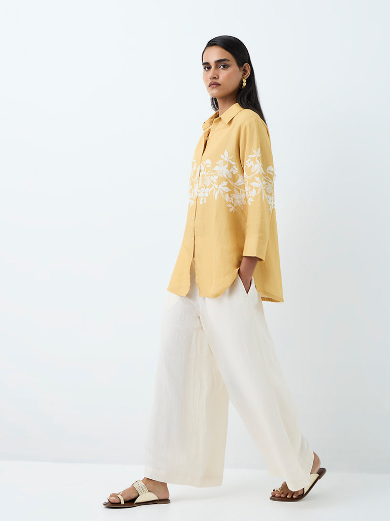 Zuba Yellow Floral Printed Linen-Blend Tunic