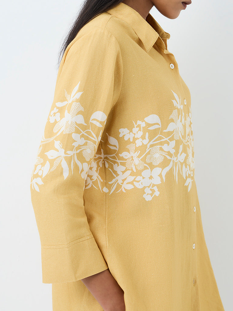 Zuba Yellow Floral Printed Linen-Blend Tunic