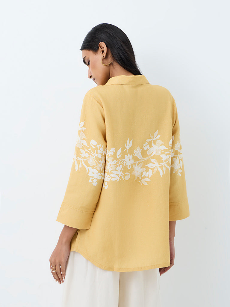 Zuba Yellow Floral Printed Linen-Blend Tunic