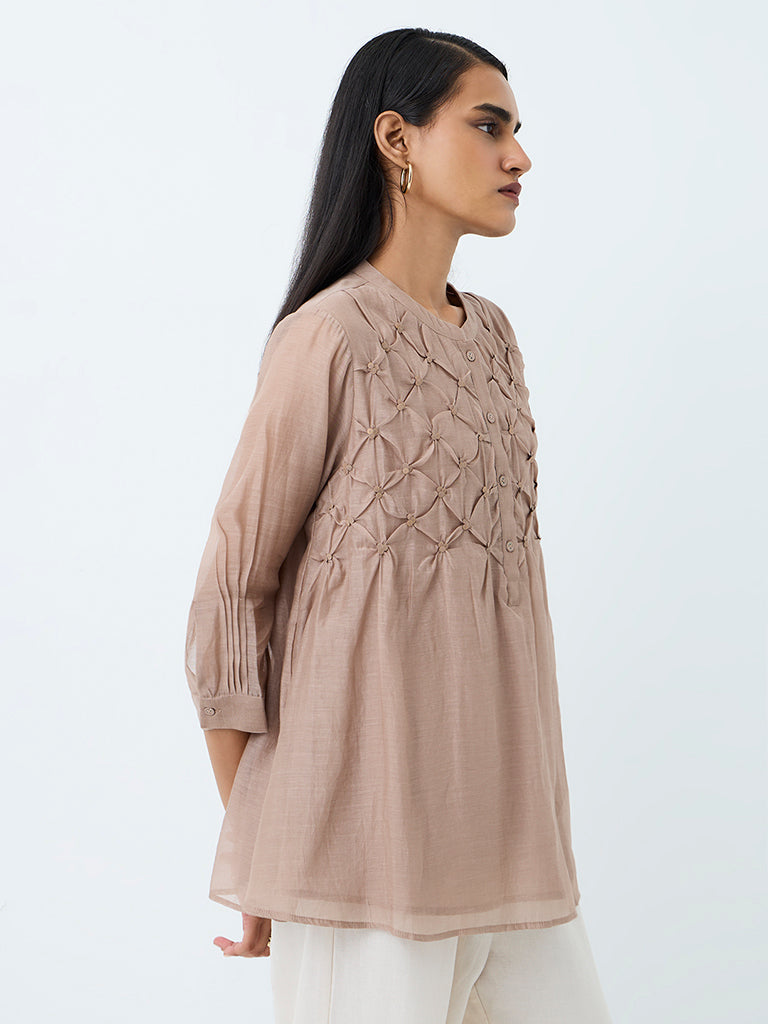 Zuba Taupe Pintuck Design Silk Chanderi Cotton-Blend Tunic
