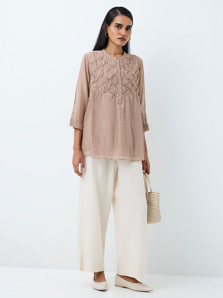 Zuba Taupe Pintuck Design Silk Chanderi Cotton-Blend Tunic