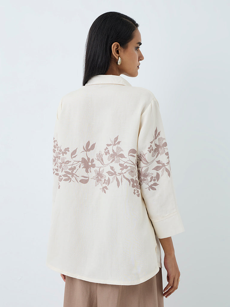 Zuba Off-White Floral Printed Linen-Blend Tunic