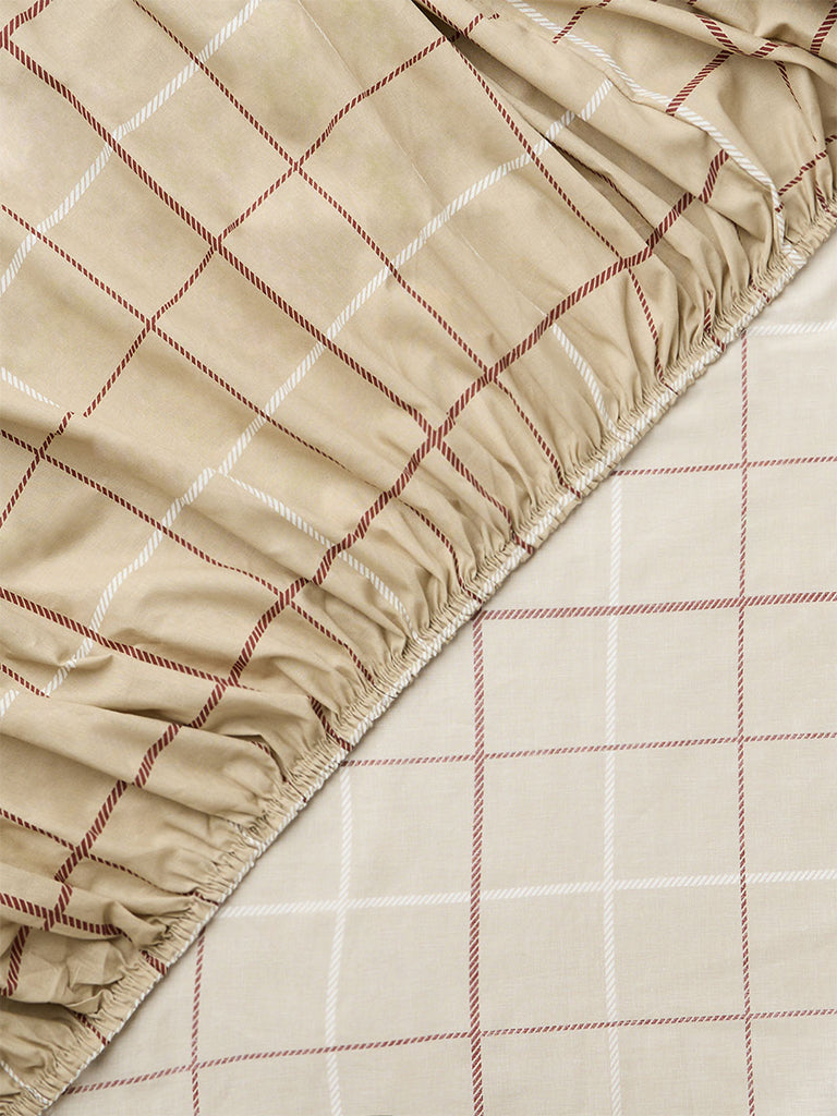 Westside Home Beige Checkered Queen Fitted Bed Sheet Set
