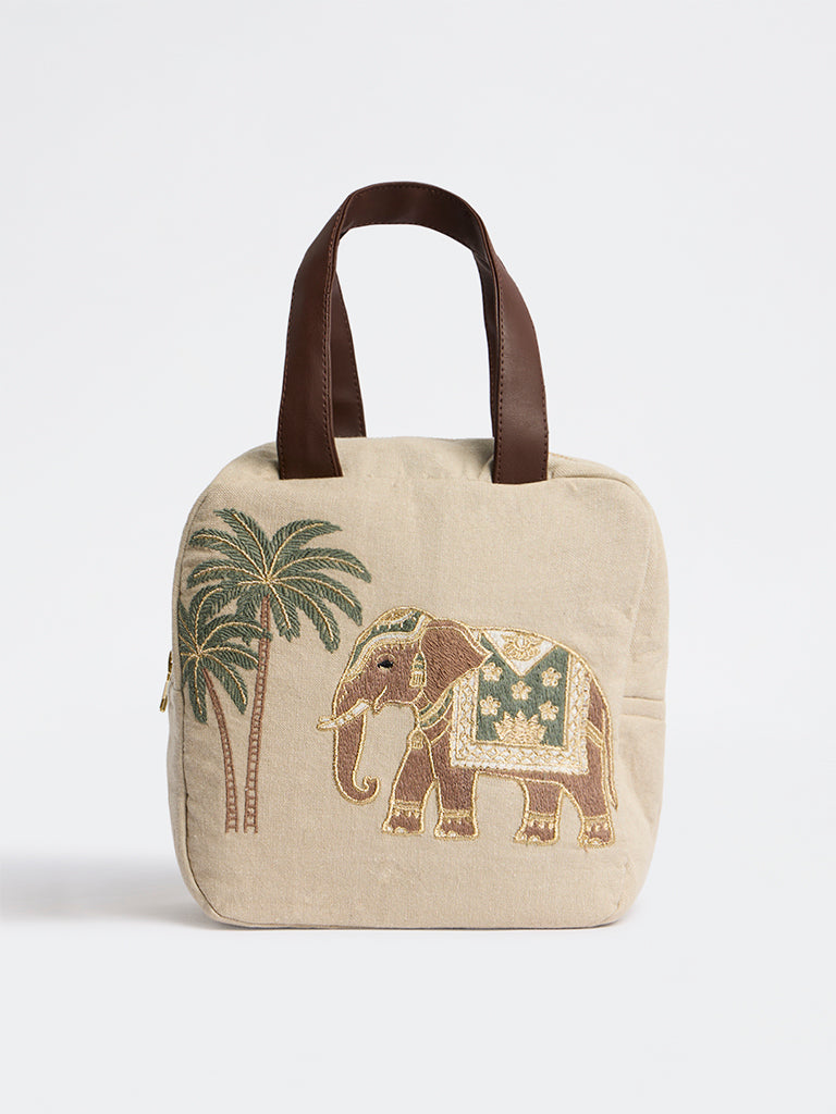 Westside Home Beige Heritage Elephant Embroidered Lunch Bag