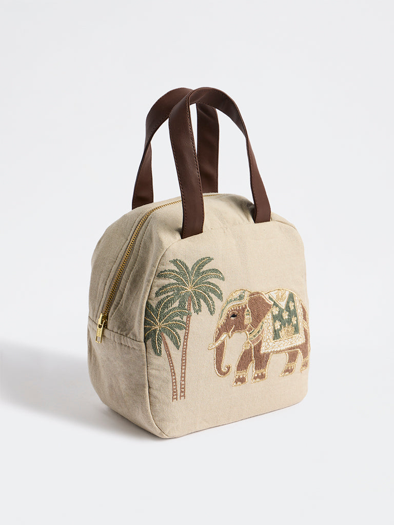 Westside Home Beige Heritage Elephant Embroidered Lunch Bag