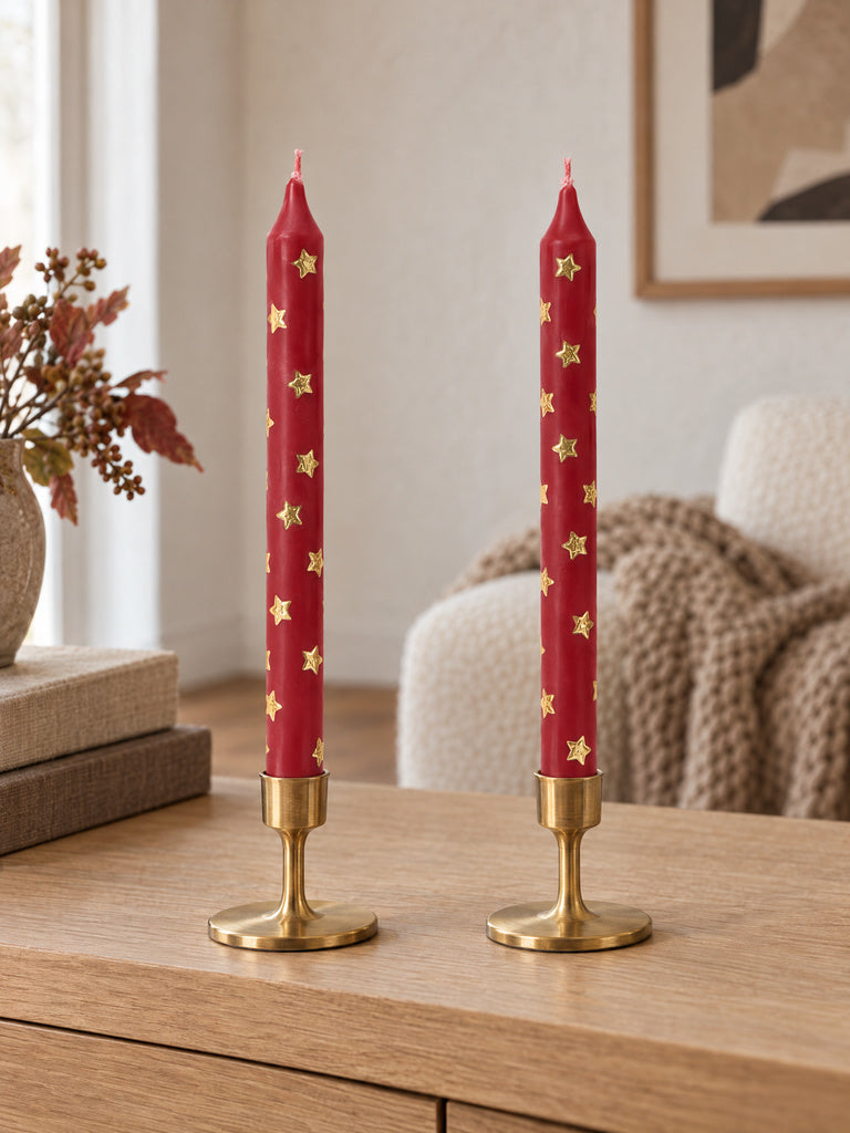 Westside Home Red Star Printed Taper Candles - Pack of 2