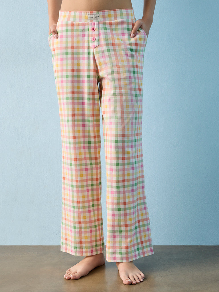 Superstar Multi Colour Checkered High-Rise Cotton-Blend Pants