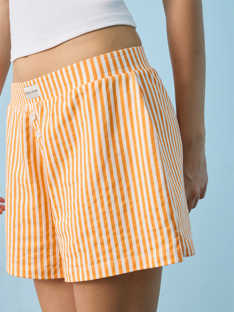 Superstar Orange Striped High-Rise Cotton-Blend Shorts