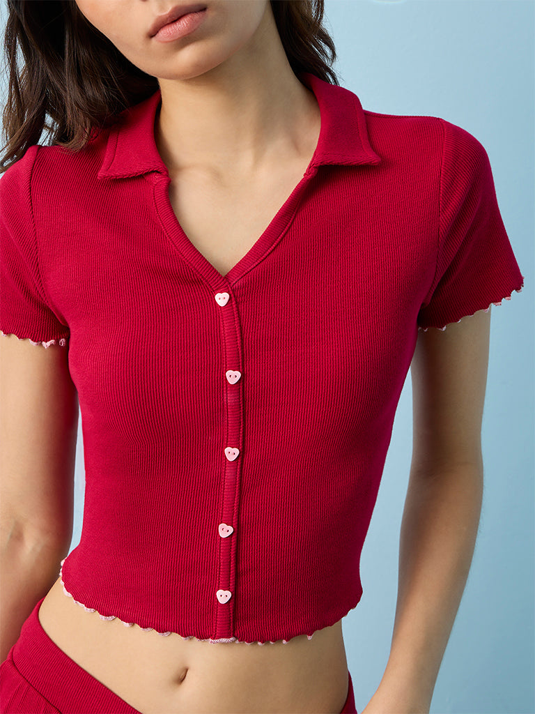 Superstar Red Ribbed-Textured Cotton-Blend Top
